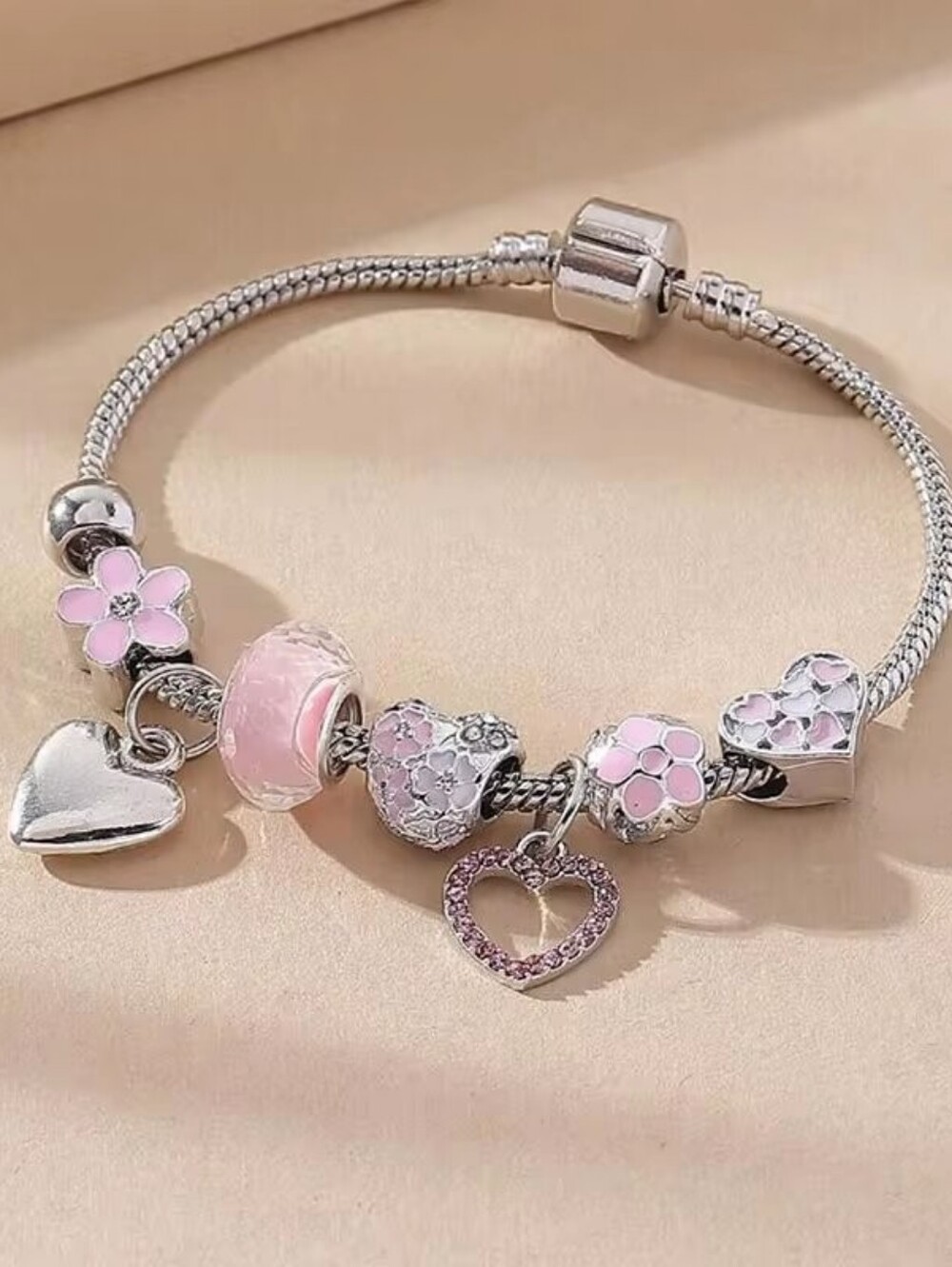 Silver-Tone Pink Floral Heart Charm Bracelet